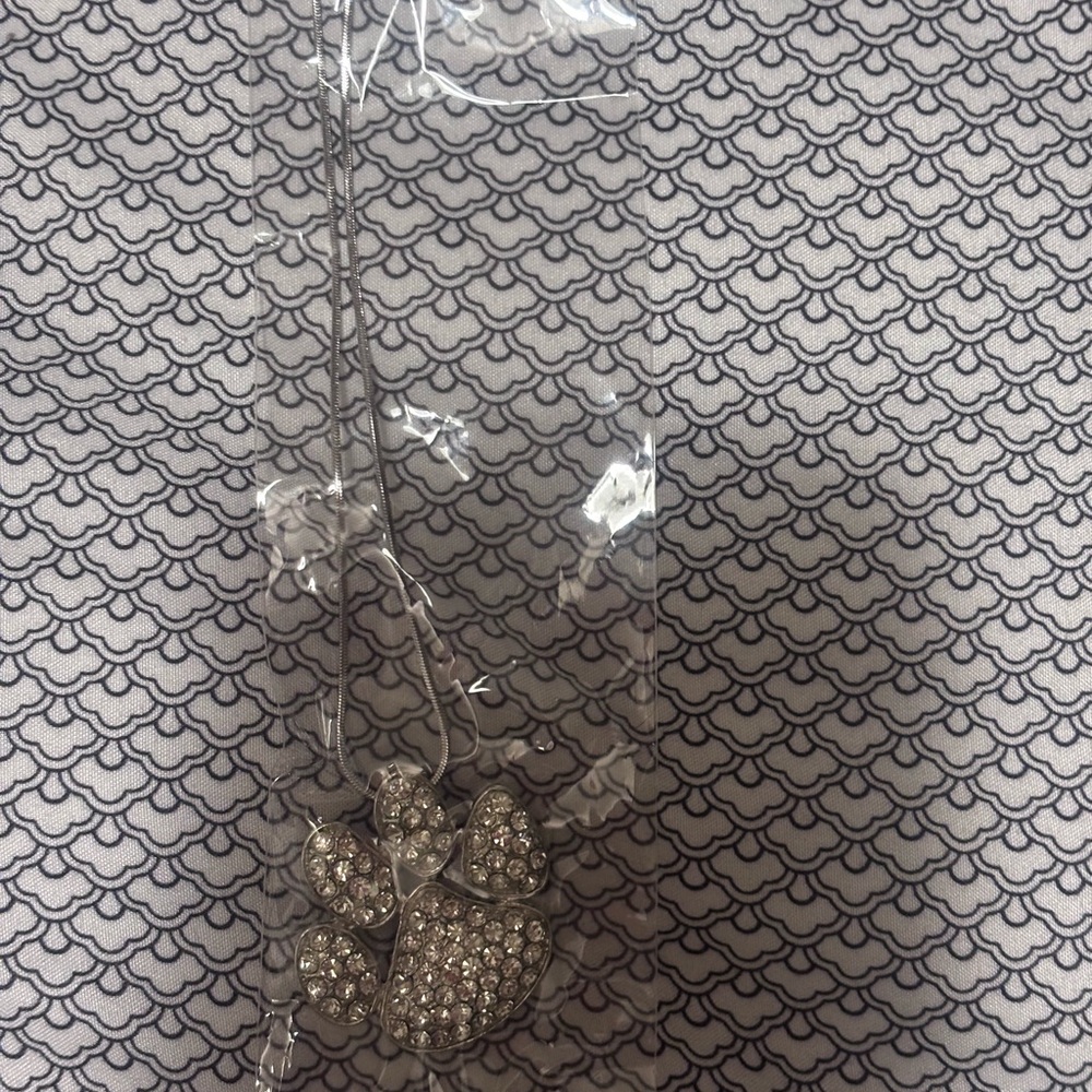 Silver Paw Print Pendant Necklace - Sparkling Paw Charm - Picture 3 of 3